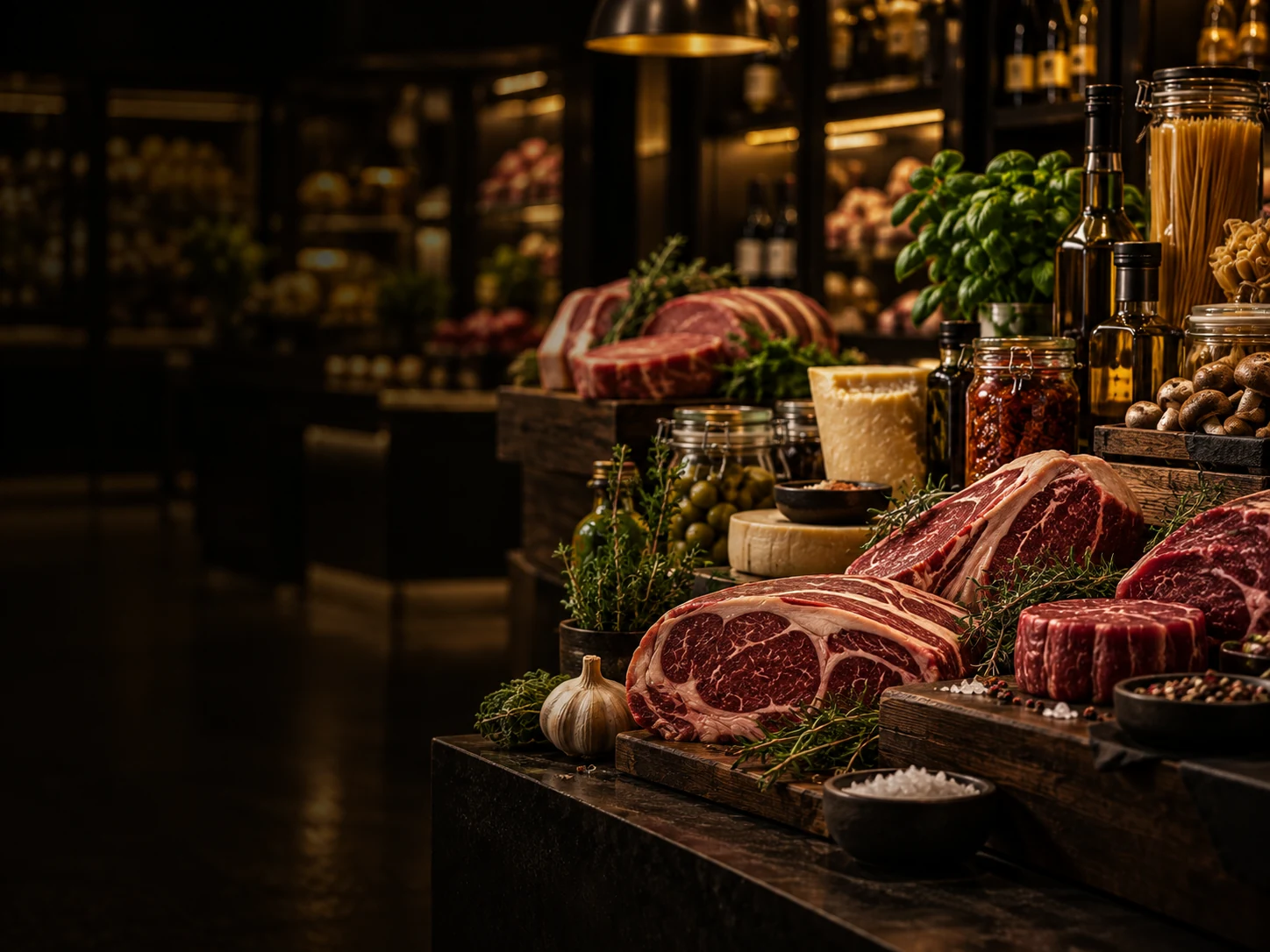 Carnes, temperos, azeites e itens de despensa
