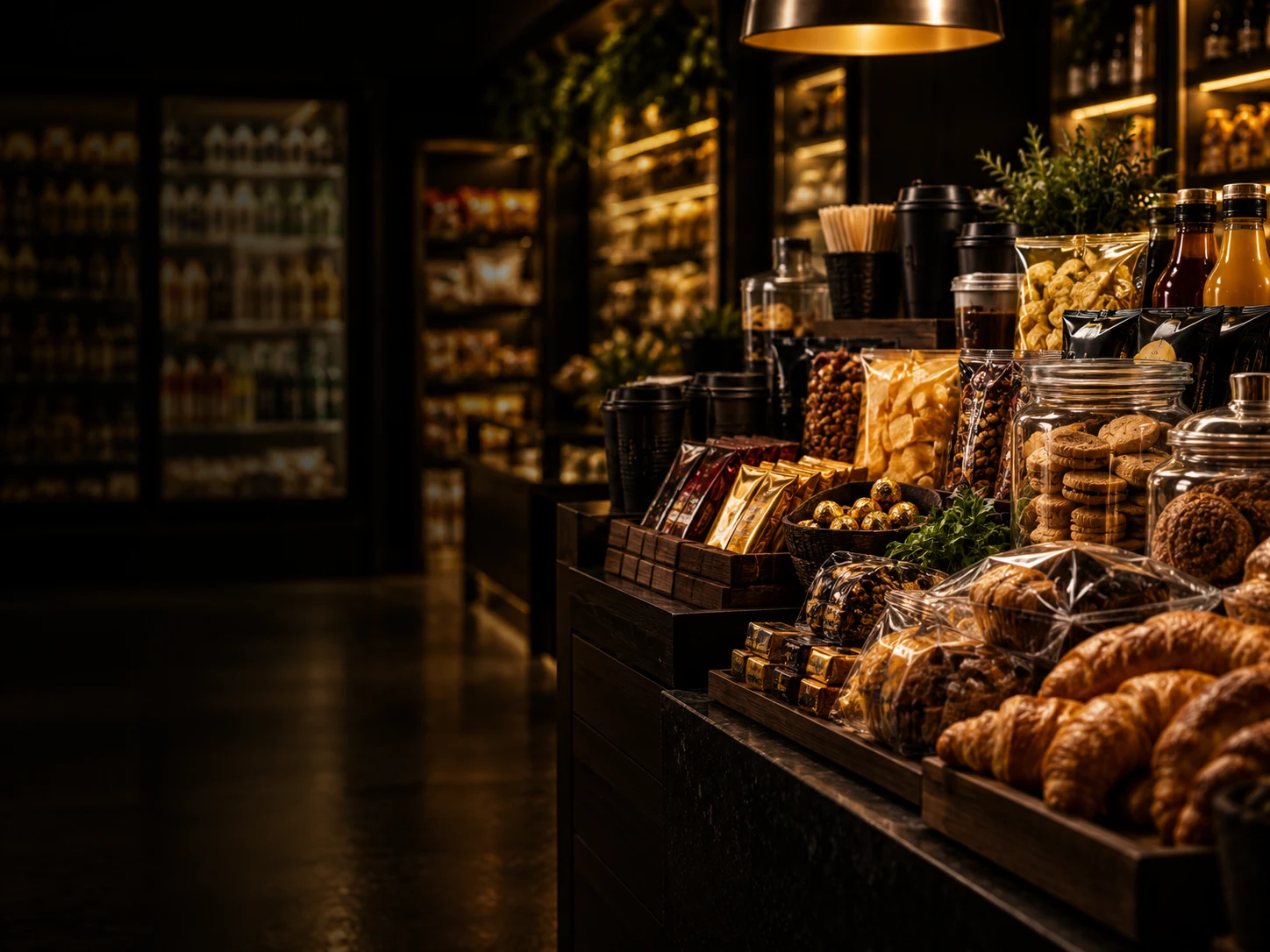 Snacks, chocolates e itens de conveniência