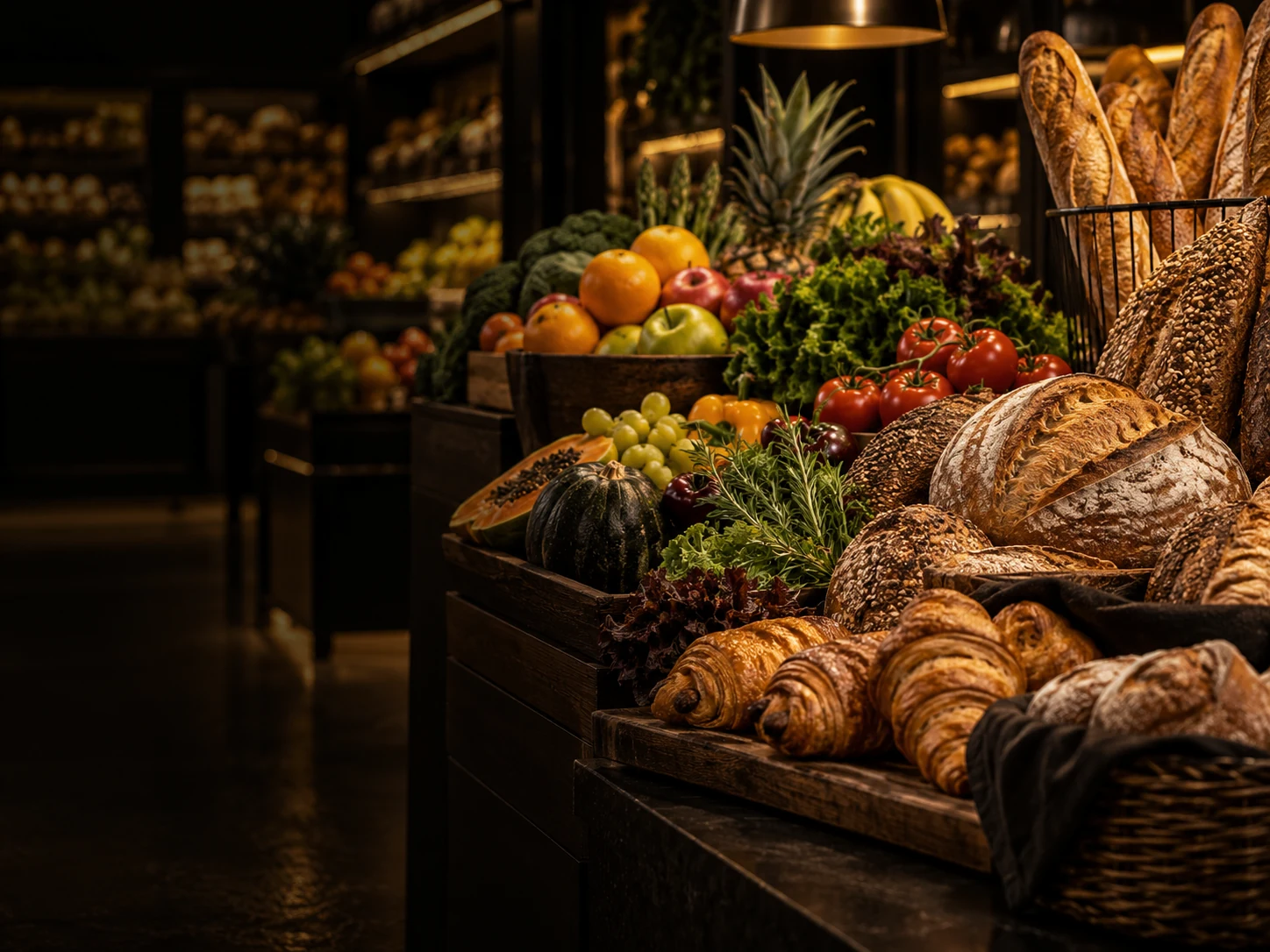 Pães artesanais, frutas e verduras frescas